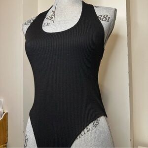 MESHKI Black Ribbed Halter Bodysuit – Size S